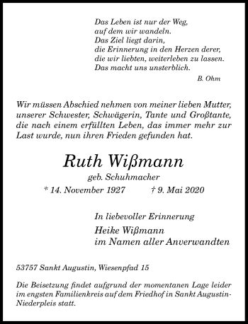 Anzeige von Ruth Wißmann von General-Anzeiger Bonn