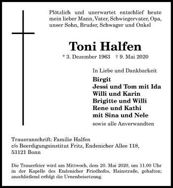 Anzeige von Toni Halfen von General-Anzeiger Bonn