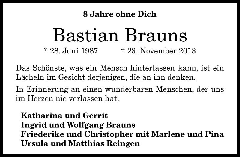  Traueranzeige für Bastian Brauns vom 20.11.2021 aus General-Anzeiger Bonn