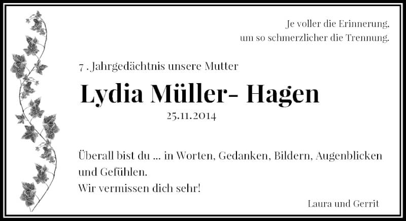  Traueranzeige für Lydia Müller-Hagen vom 27.11.2021 aus General-Anzeiger Bonn