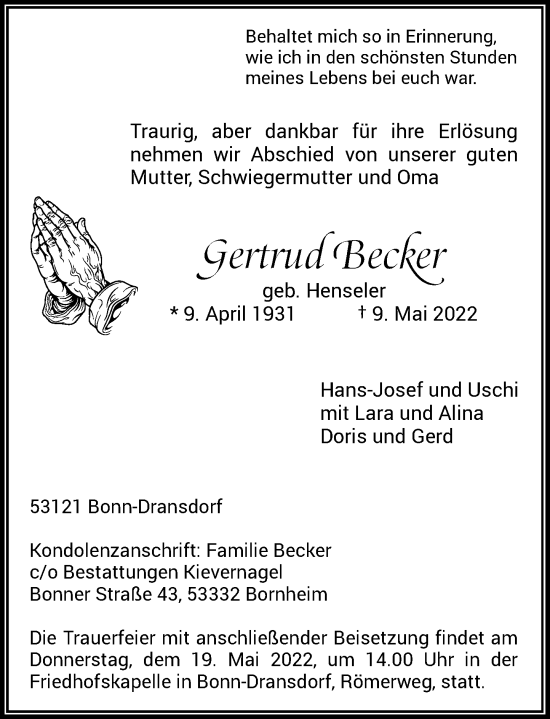 Anzeige von Gertrud Becker von General-Anzeiger Bonn