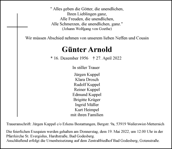 Anzeige von Günter Arnold von General-Anzeiger Bonn