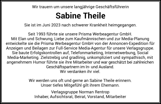Anzeige von Sabine Theile von General-Anzeiger Bonn