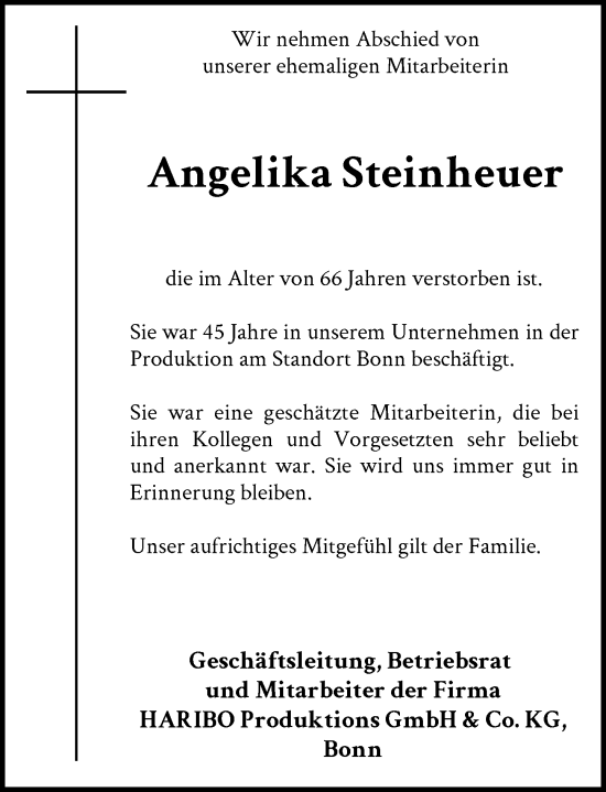 Anzeige von Angelika Steinheuer von General-Anzeiger Bonn
