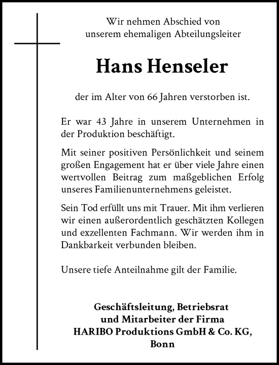 Anzeige von Hans Henseler von General-Anzeiger Bonn