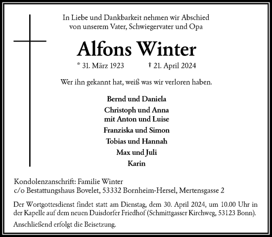 Anzeige von Alfons Winter von General-Anzeiger Bonn