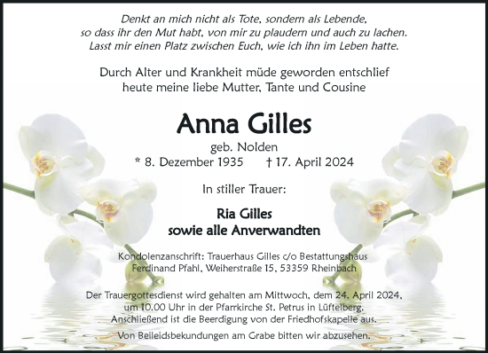 Anzeige von Anna Gilles von General-Anzeiger Bonn