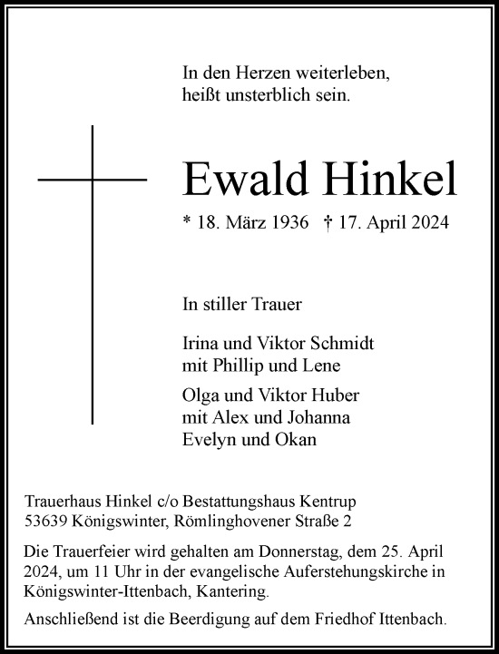 Anzeige von Ewald Hinkel von General-Anzeiger Bonn