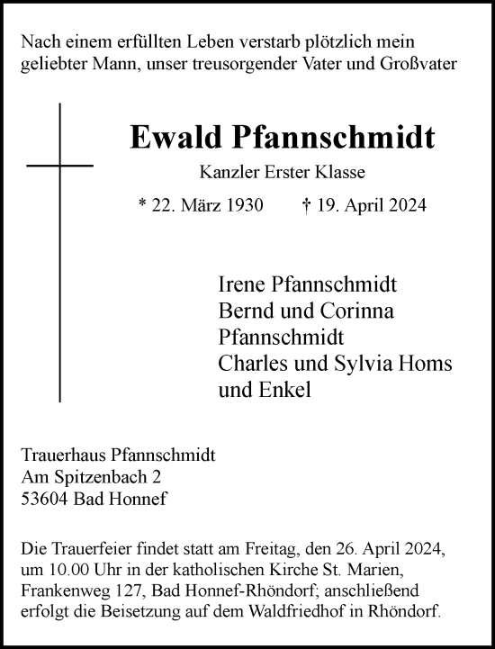 Anzeige von Ewald Pfannschmidt von General-Anzeiger Bonn