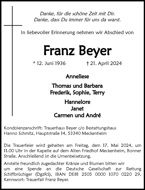 Anzeige von Franz Beyer von General-Anzeiger Bonn