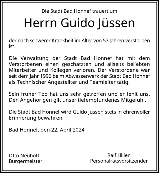 Anzeige von Guido Jüssen von General-Anzeiger Bonn