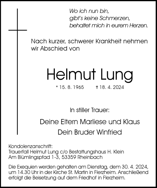 Anzeige von Helmut Lung von General-Anzeiger Bonn