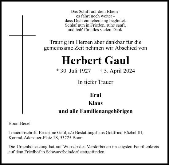 Anzeige von Herbert Gaul von General-Anzeiger Bonn
