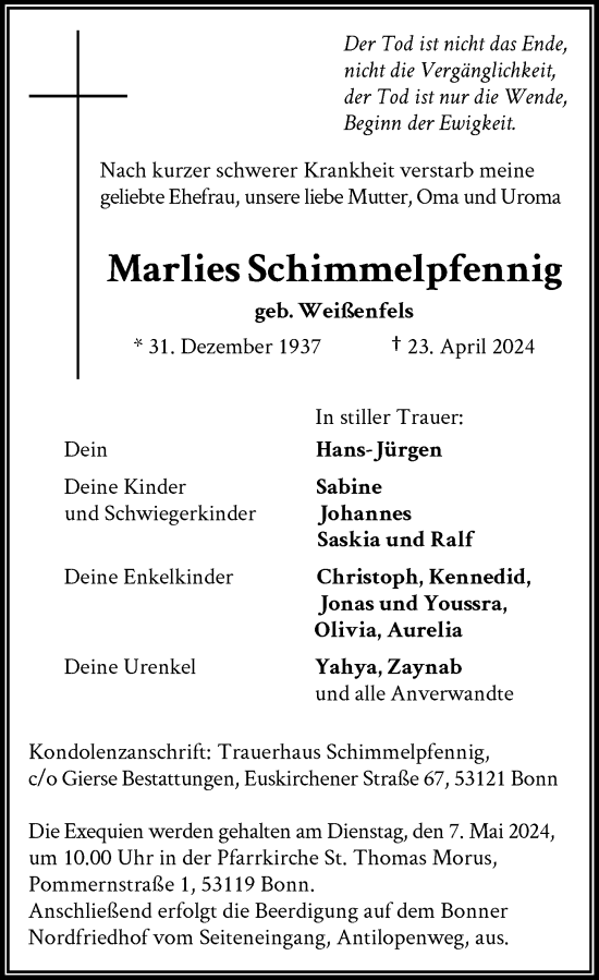 Anzeige von Marlies Schimmelpfennig von General-Anzeiger Bonn
