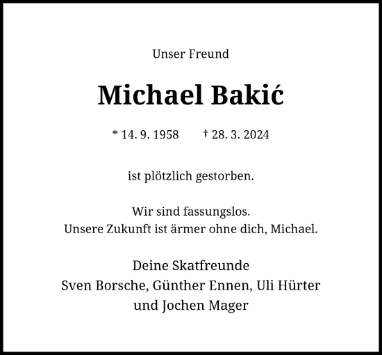 Anzeige von Michael Bakic von General-Anzeiger Bonn