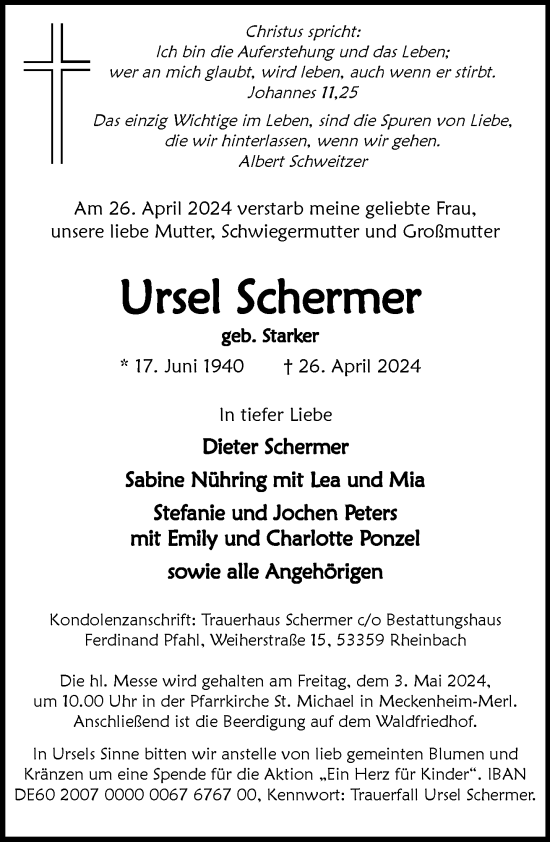 Anzeige von Ursel Schermer von General-Anzeiger Bonn