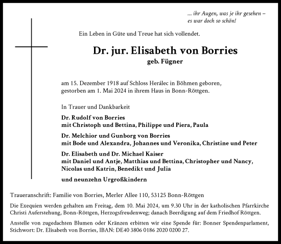 Anzeige von Elisabeth von Borries von General-Anzeiger Bonn