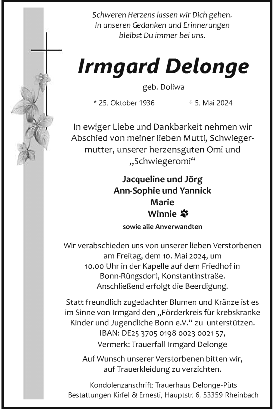 Anzeige von Irmgard Delonge von General-Anzeiger Bonn