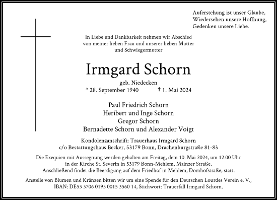 Anzeige von Irmgard Schorn von General-Anzeiger Bonn