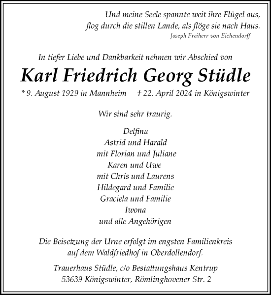 Anzeige von Karl Friedrich Georg Stüdle von General-Anzeiger Bonn
