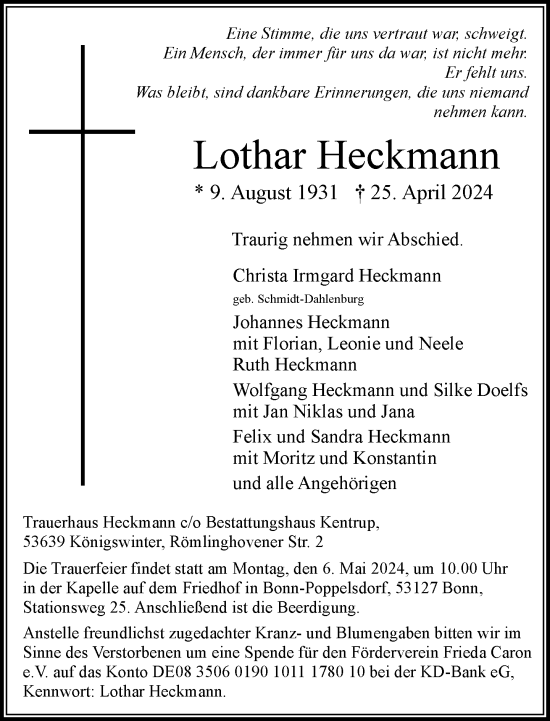 Anzeige von Lothar Heckmann von General-Anzeiger Bonn