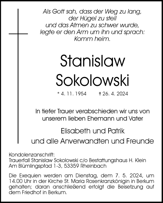 Anzeige von Stanislaw Sokolowski von General-Anzeiger Bonn