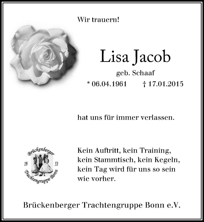  Traueranzeige für Lisa Jacob vom 24.01.2015 aus General-Anzeiger Bonn