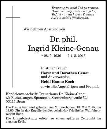 Anzeige von Ingrid Kleine-Genau von General-Anzeiger Bonn