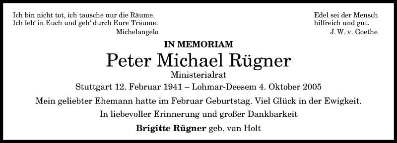  Traueranzeige für Peter Michael Rügner vom 28.02.2015 aus General-Anzeiger Bonn
