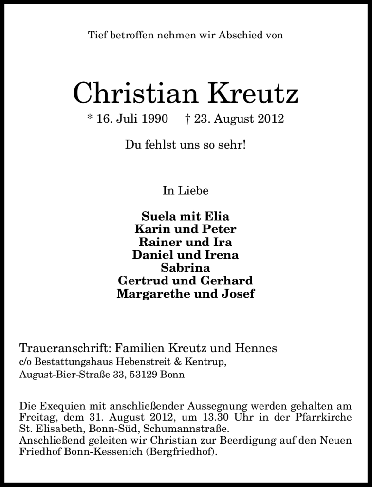  Traueranzeige für Christian Kreutz vom 28.08.2012 aus General-Anzeiger Bonn