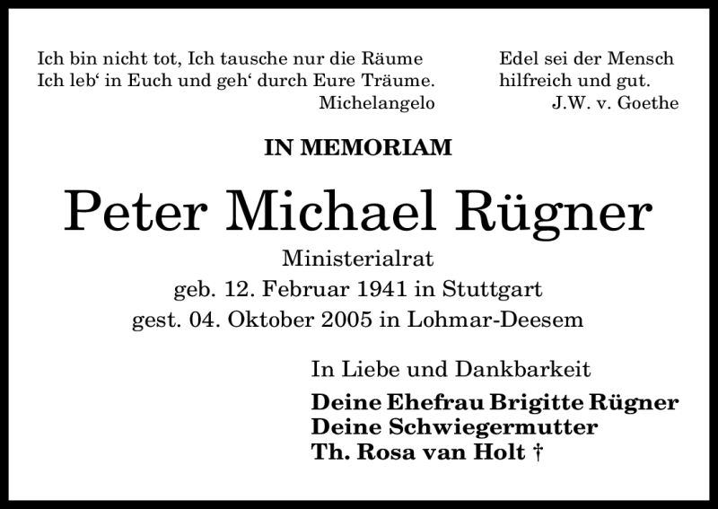  Traueranzeige für Peter Michael Rügner vom 20.10.2012 aus General-Anzeiger Bonn