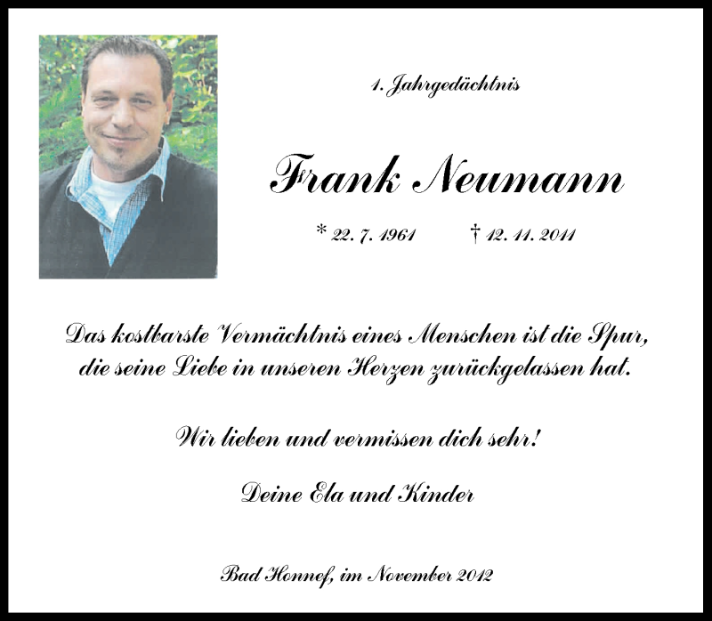  Traueranzeige für Frank Neumann vom 12.11.2012 aus General-Anzeiger Bonn
