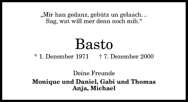  Traueranzeige für Basto  vom 07.12.2012 aus General-Anzeiger Bonn