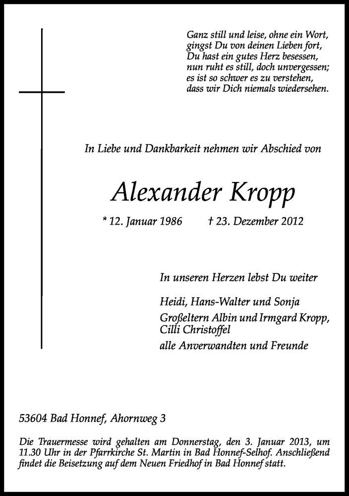  Traueranzeige für Alexander Kropp vom 29.12.2012 aus General-Anzeiger Bonn