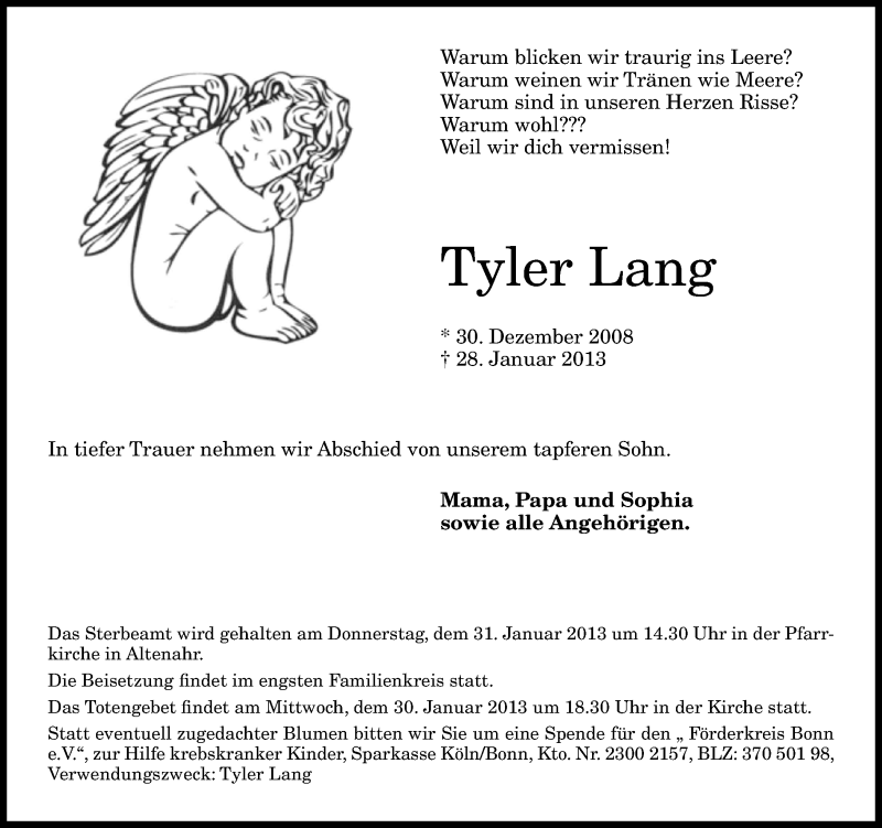  Traueranzeige für Tyler Lang vom 30.01.2013 aus General-Anzeiger Bonn