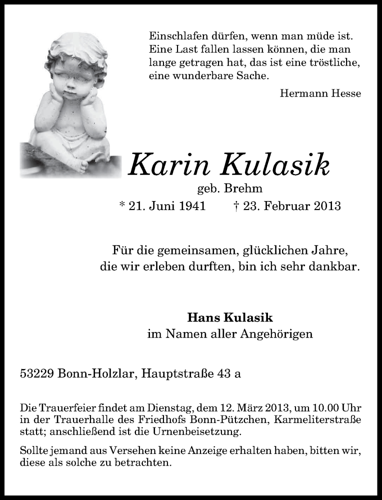  Traueranzeige für Karin Kulasik vom 02.03.2013 aus General-Anzeiger Bonn