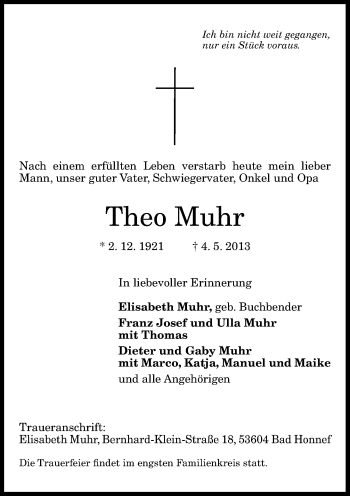 Anzeige von Theo Muhr von General-Anzeiger Bonn