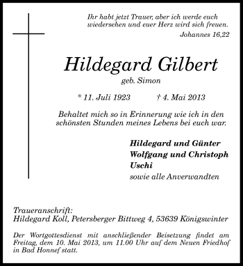 Anzeige von Hildegard Gilbert von General-Anzeiger Bonn