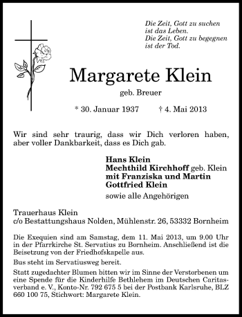 Anzeige von Margarete Klein von General-Anzeiger Bonn