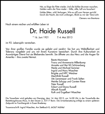 Anzeige von Haide Russell von General-Anzeiger Bonn