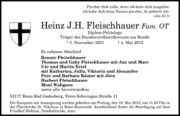 Anzeige von Heinz Fleischhauer von General-Anzeiger Bonn