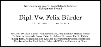 Anzeige von Felix Bürder von General-Anzeiger Bonn