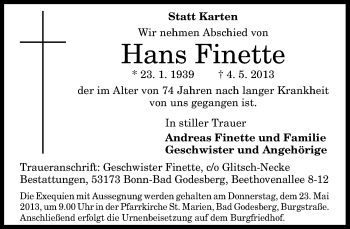 Anzeige von Hans Finette von General-Anzeiger Bonn