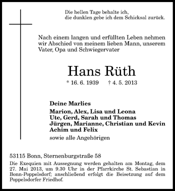 Anzeige von Hans Rüth von General-Anzeiger Bonn