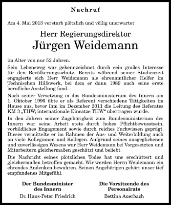 Anzeige von Jürgen Weidemann von General-Anzeiger Bonn