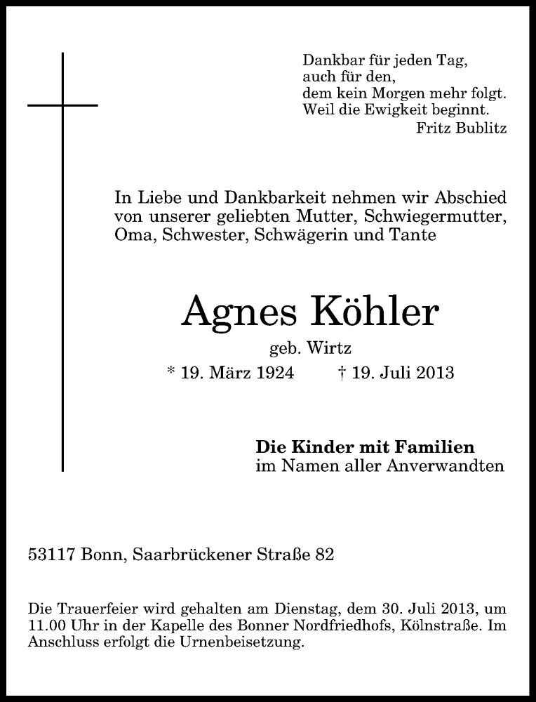  Traueranzeige für Agnes Köhler vom 27.07.2013 aus General-Anzeiger Bonn