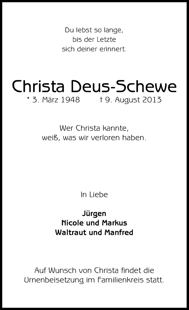  Traueranzeige für Christa Deus-Schewe vom 17.08.2013 aus General-Anzeiger Bonn