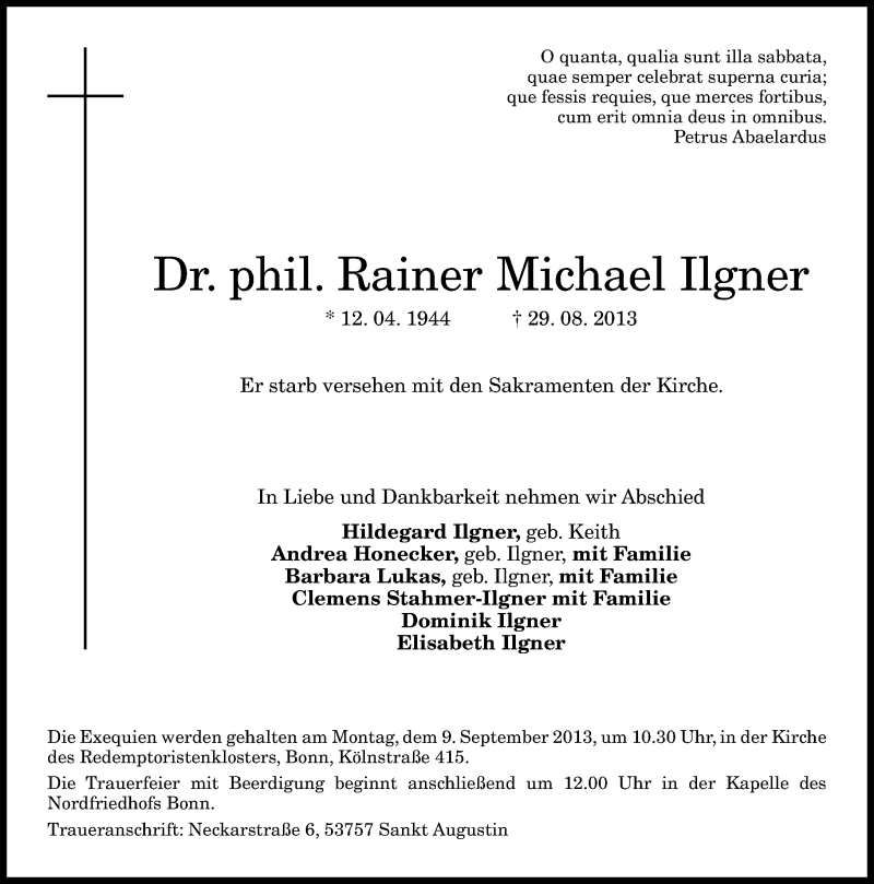  Traueranzeige für Rainer Michael Ilgner vom 31.08.2013 aus General-Anzeiger Bonn