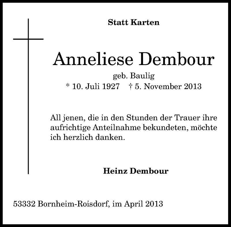  Traueranzeige für Anneliese Dembour vom 20.11.2013 aus General-Anzeiger Bonn