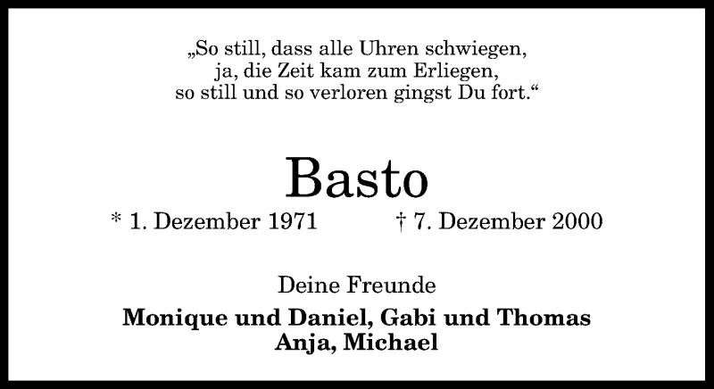  Traueranzeige für Basto  vom 07.12.2013 aus General-Anzeiger Bonn